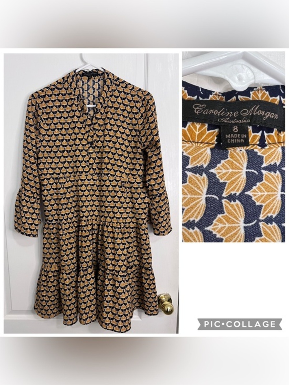 Caroline Morgan navy  and Mustard Floral Tiered Dress size 8